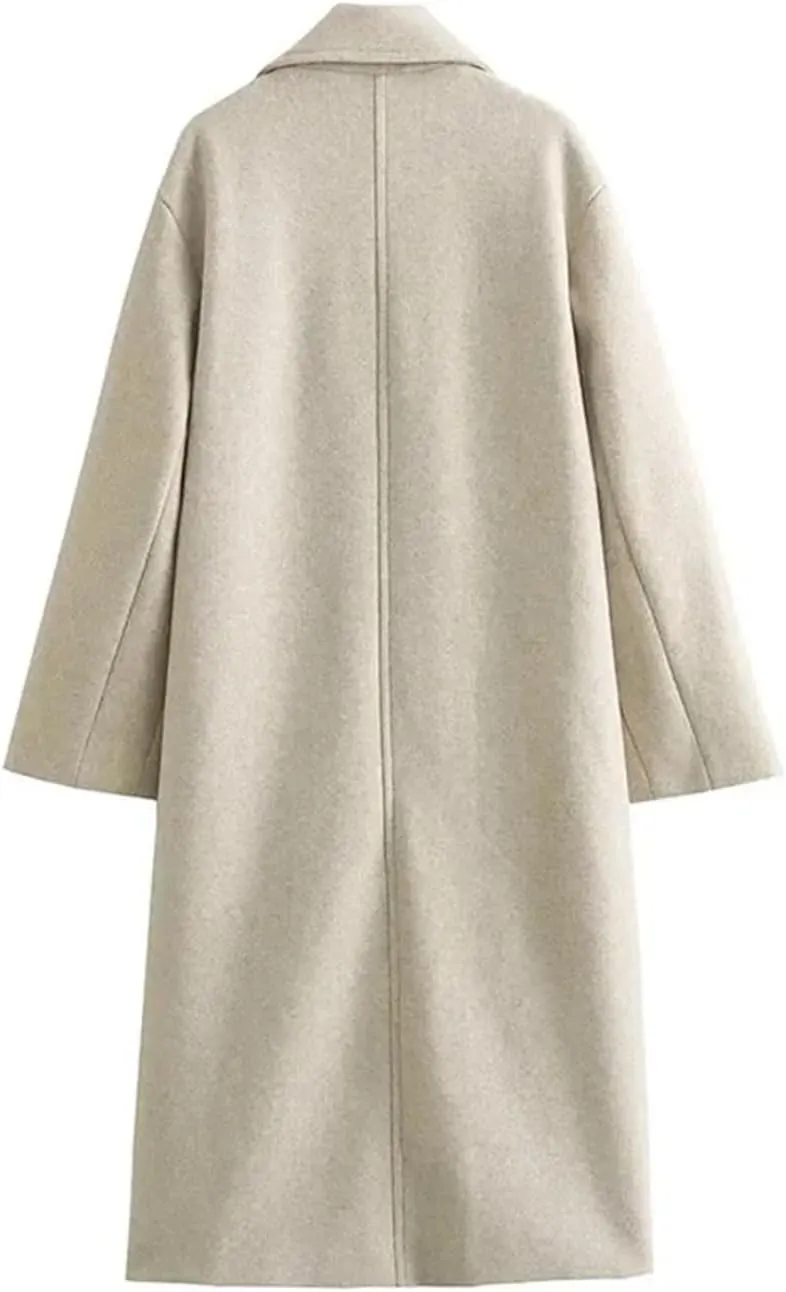 Women's Soft Loose Wool Blend Long Coat Lapel Long Sleeve Welt Pockets Chic Windbreaker