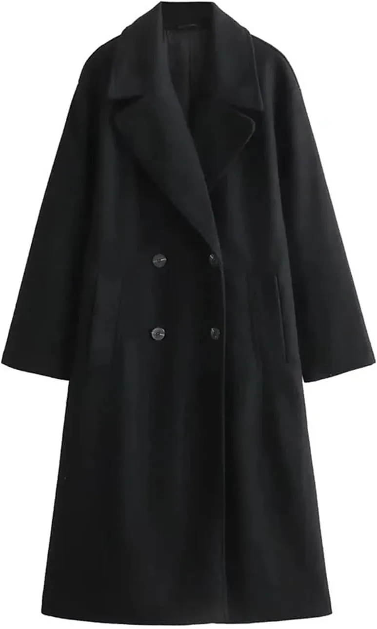 Women's Soft Loose Wool Blend Long Coat Lapel Long Sleeve Welt Pockets Chic Windbreaker