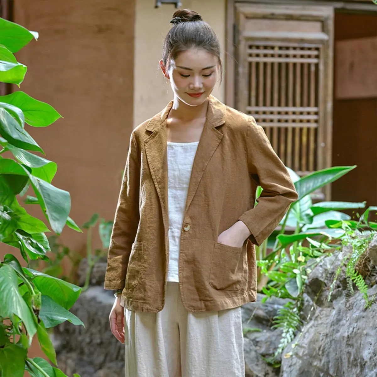 Womens Summer Cotton Linen Blazer Jackets 3/4 Long Sleeve Notch Lapel One Button Suit Coat Jackets