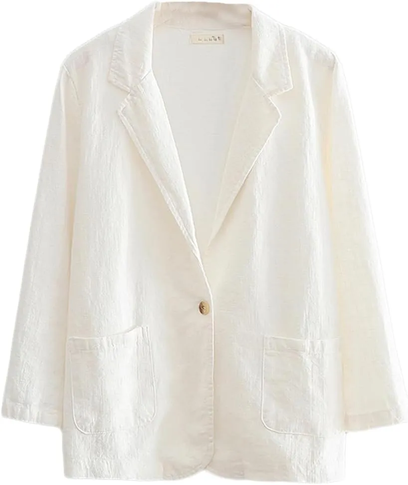 Womens Summer Cotton Linen Blazer Jackets 3/4 Long Sleeve Notch Lapel One Button Suit Coat Jackets
