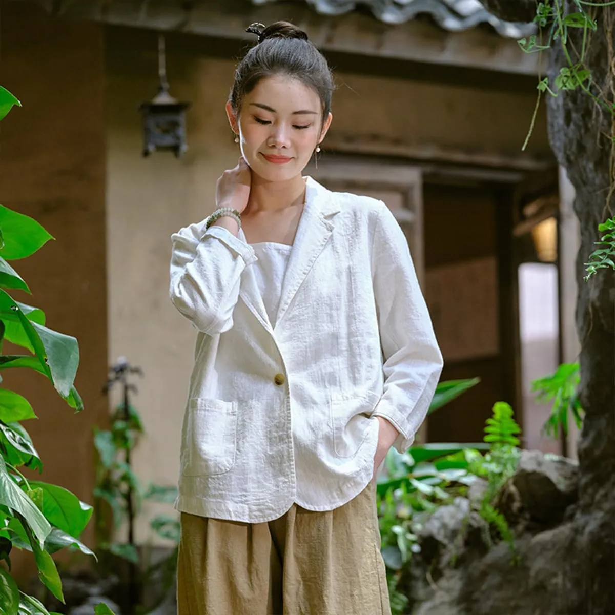Womens Summer Cotton Linen Blazer Jackets 3/4 Long Sleeve Notch Lapel One Button Suit Coat Jackets