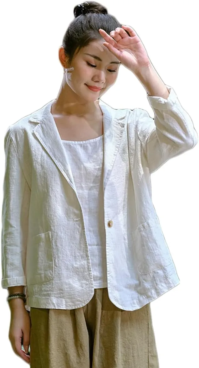 Womens Summer Cotton Linen Blazer Jackets 3/4 Long Sleeve Notch Lapel One Button Suit Coat Jackets