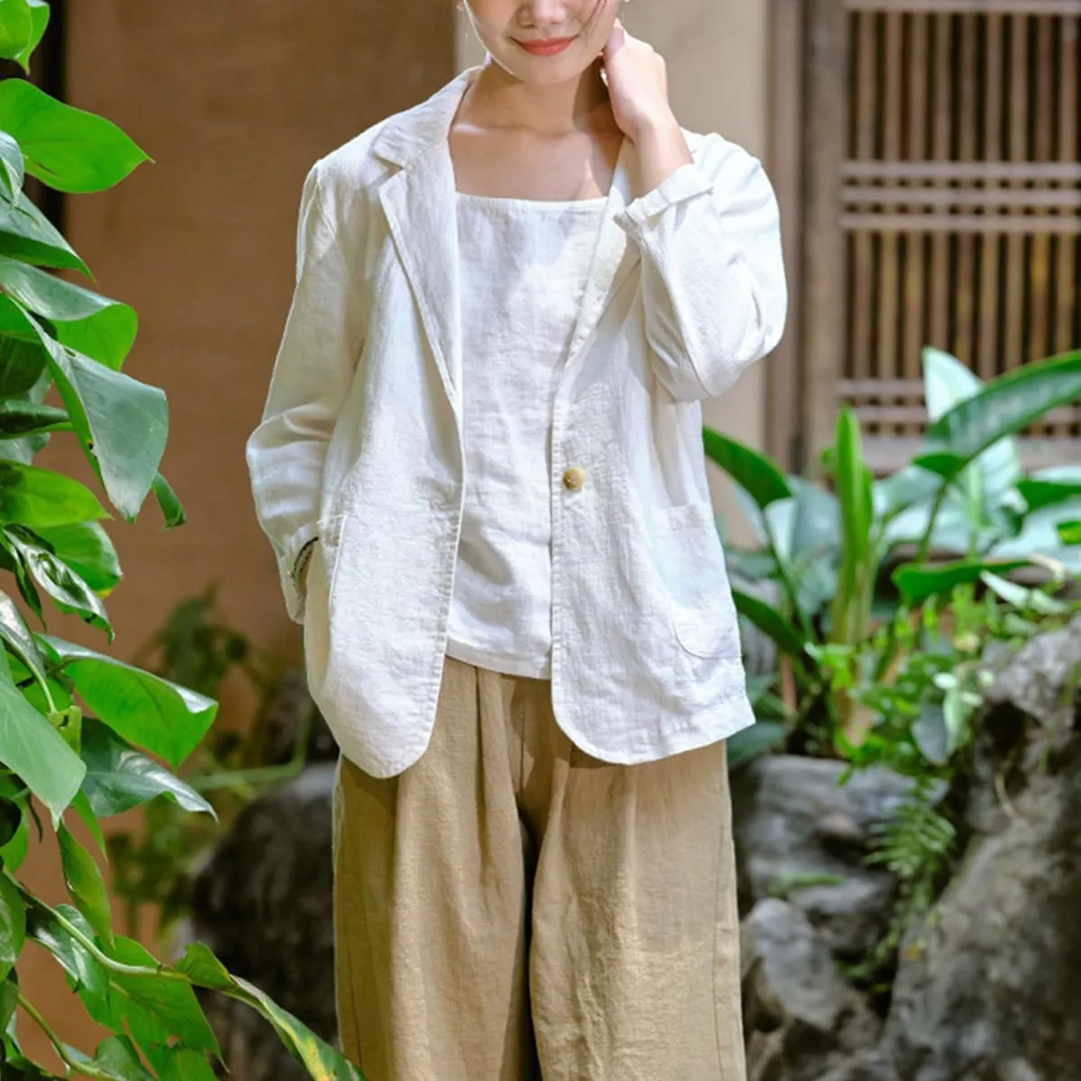 Womens Summer Cotton Linen Blazer Jackets 3/4 Long Sleeve Notch Lapel One Button Suit Coat Jackets