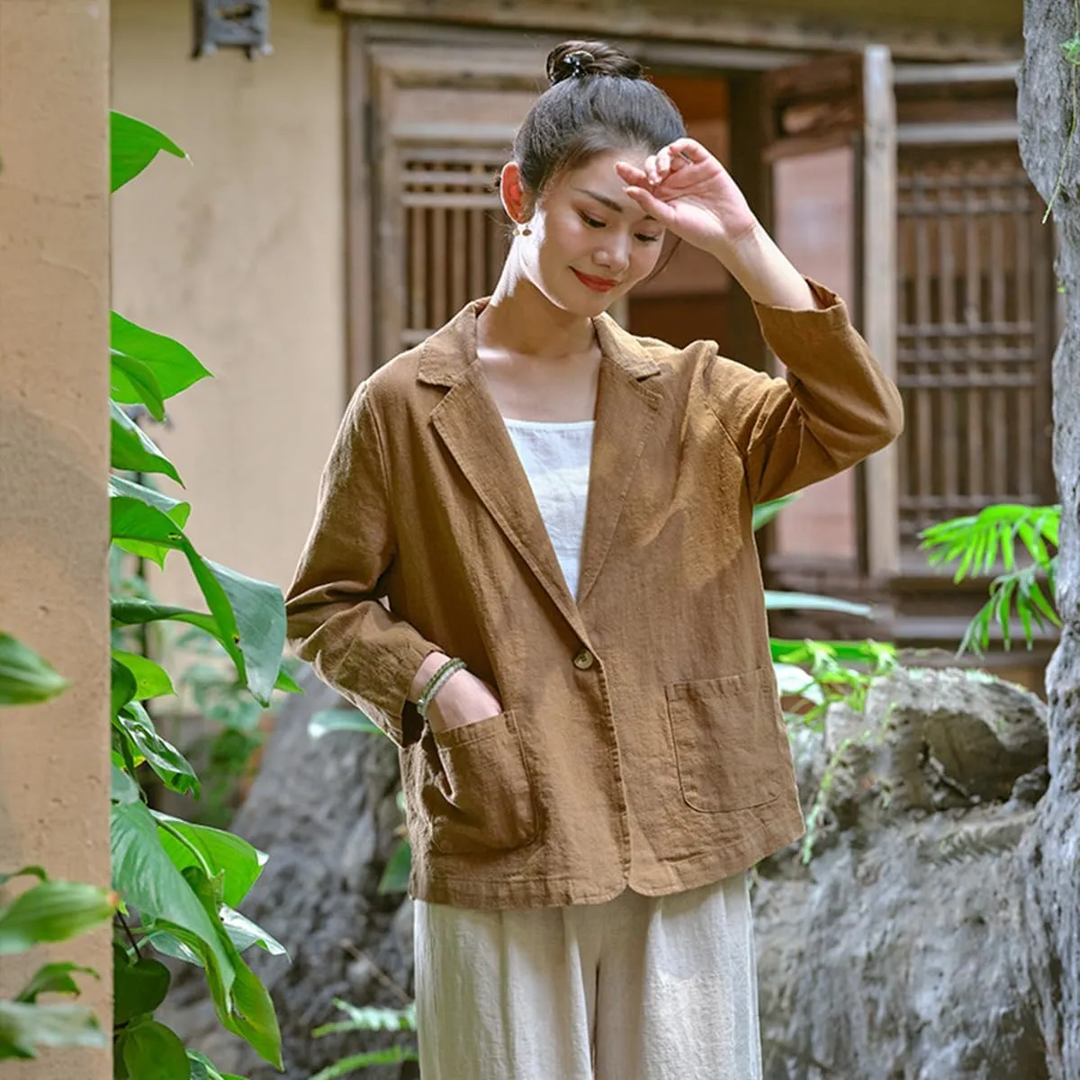 Womens Summer Cotton Linen Blazer Jackets 3/4 Long Sleeve Notch Lapel One Button Suit Coat Jackets