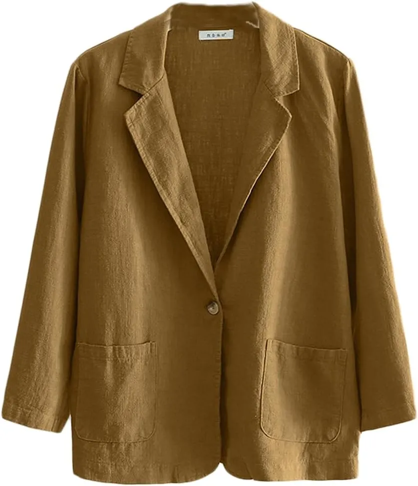 Womens Summer Cotton Linen Blazer Jackets 3/4 Long Sleeve Notch Lapel One Button Suit Coat Jackets