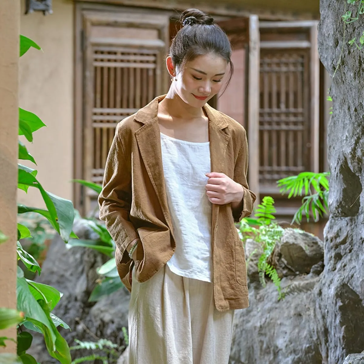 Womens Summer Cotton Linen Blazer Jackets 3/4 Long Sleeve Notch Lapel One Button Suit Coat Jackets