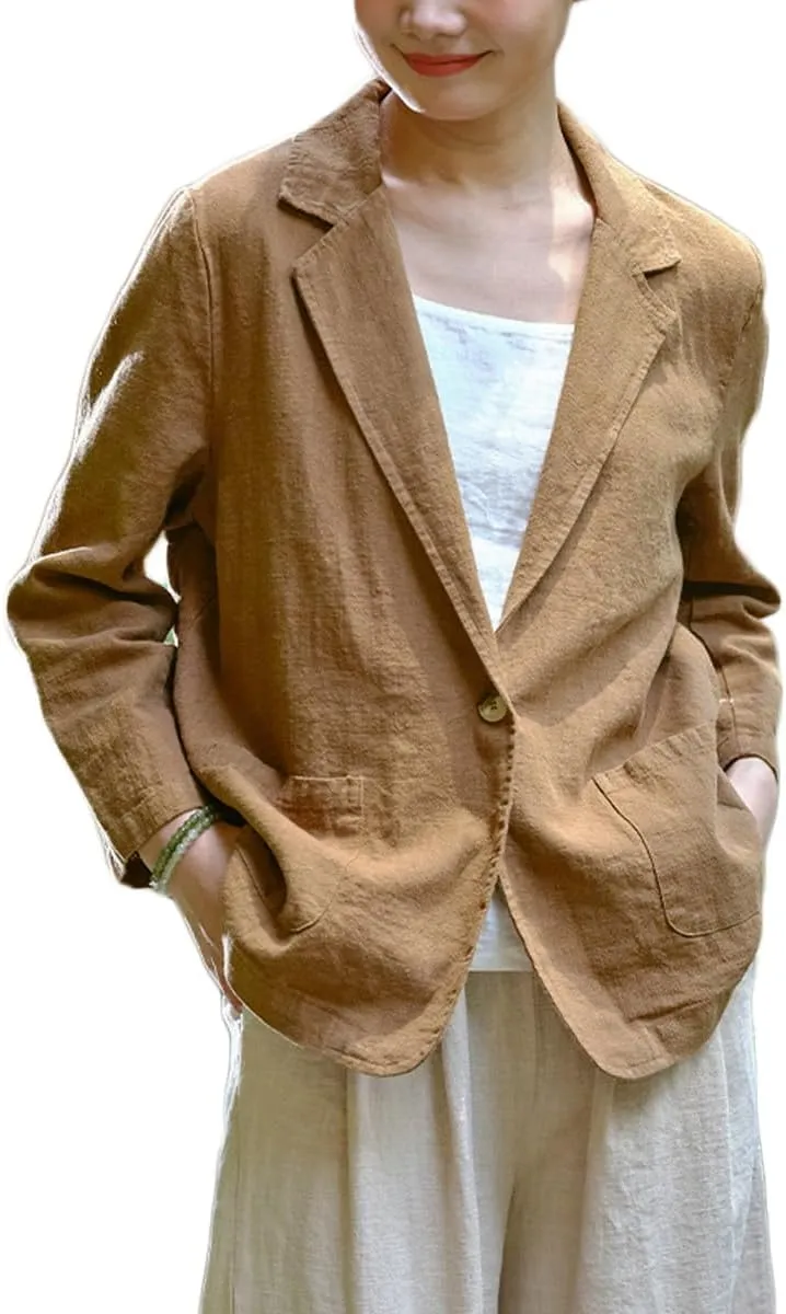 Womens Summer Cotton Linen Blazer Jackets 3/4 Long Sleeve Notch Lapel One Button Suit Coat Jackets
