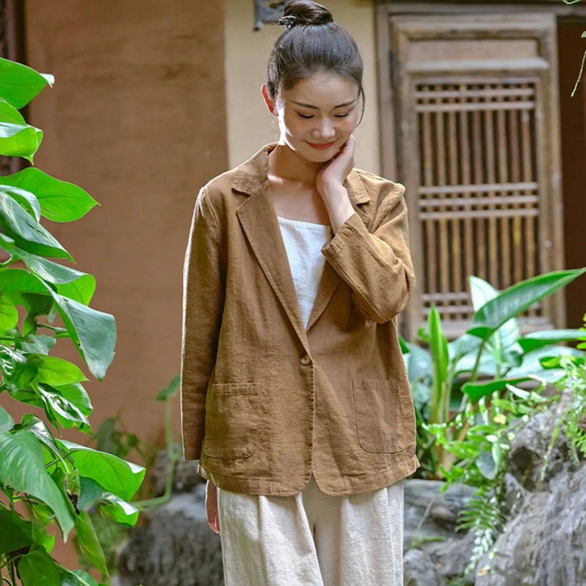 Womens Summer Cotton Linen Blazer Jackets 3/4 Long Sleeve Notch Lapel One Button Suit Coat Jackets