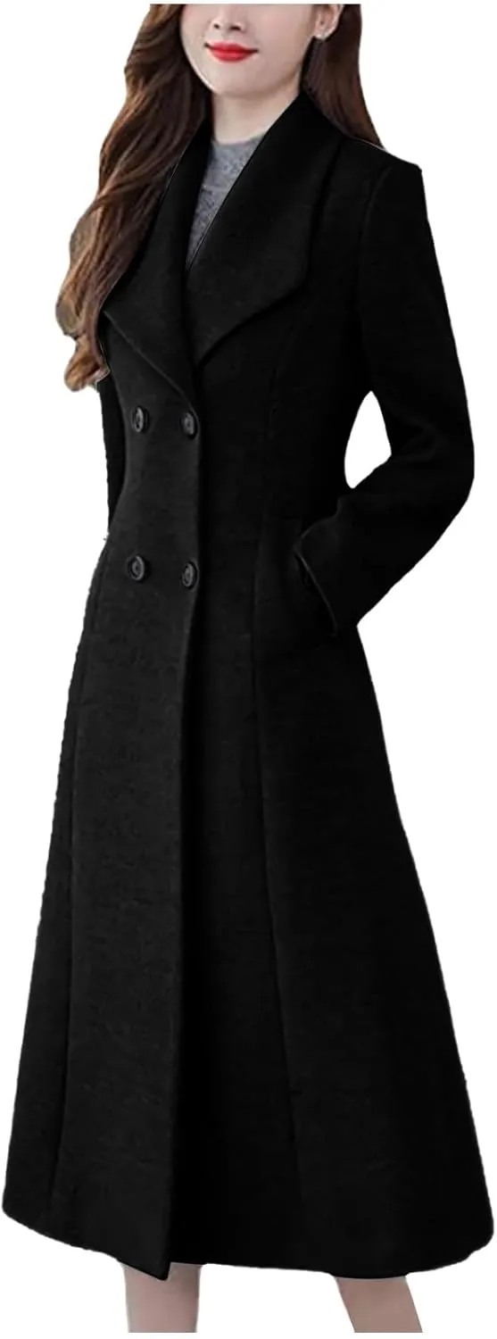 Women's Winter Long Double Breasted Pea Coat Notch Lapel Winter Wool Trench Coat Ladies Elegant Warm Coats Jackets