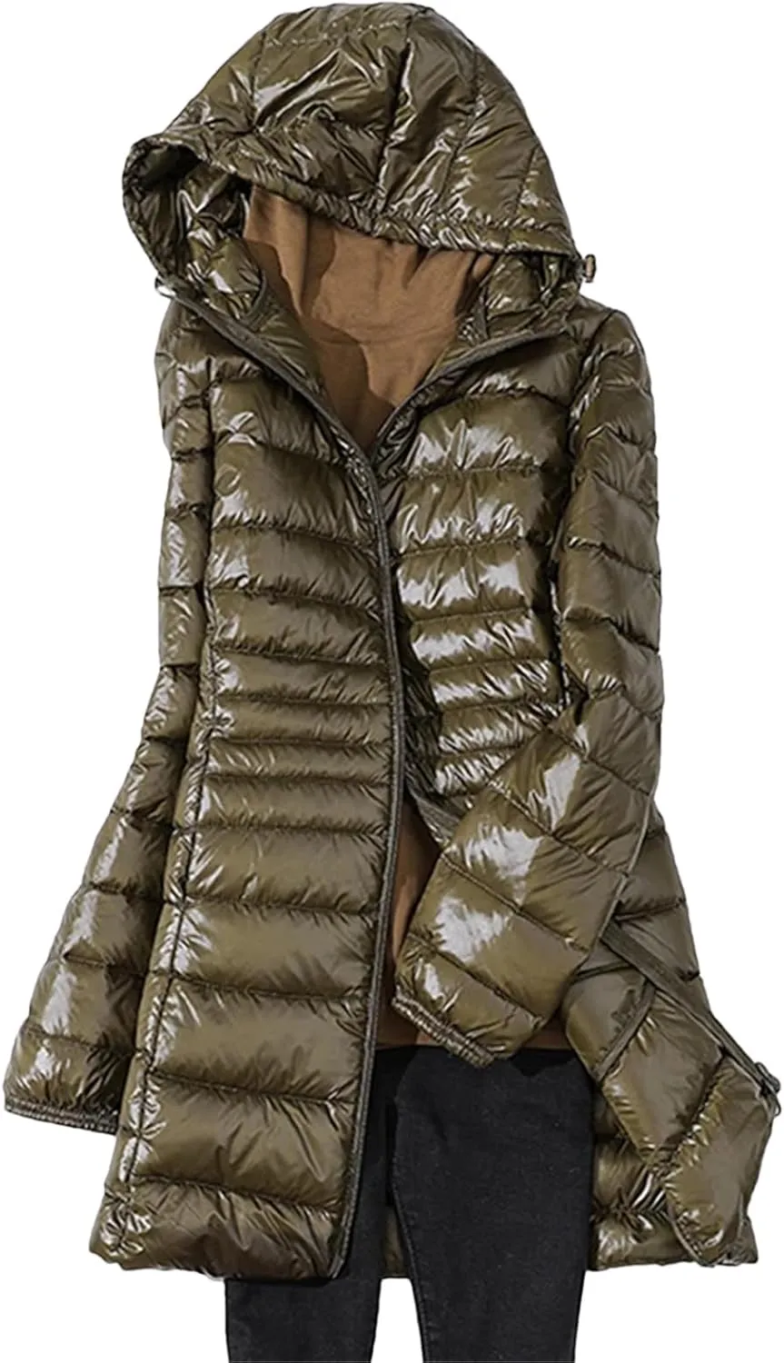 Womens Winter Puffer Coat Light Long Duck Down Jackets Slim Hooded Parkas