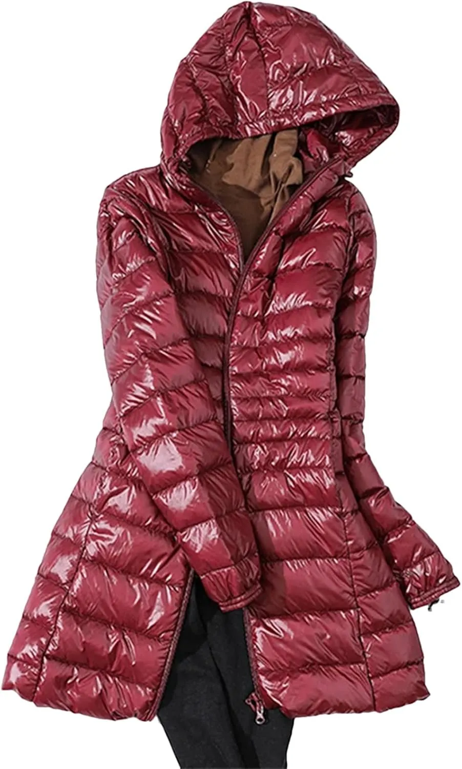 Womens Winter Puffer Coat Light Long Duck Down Jackets Slim Hooded Parkas