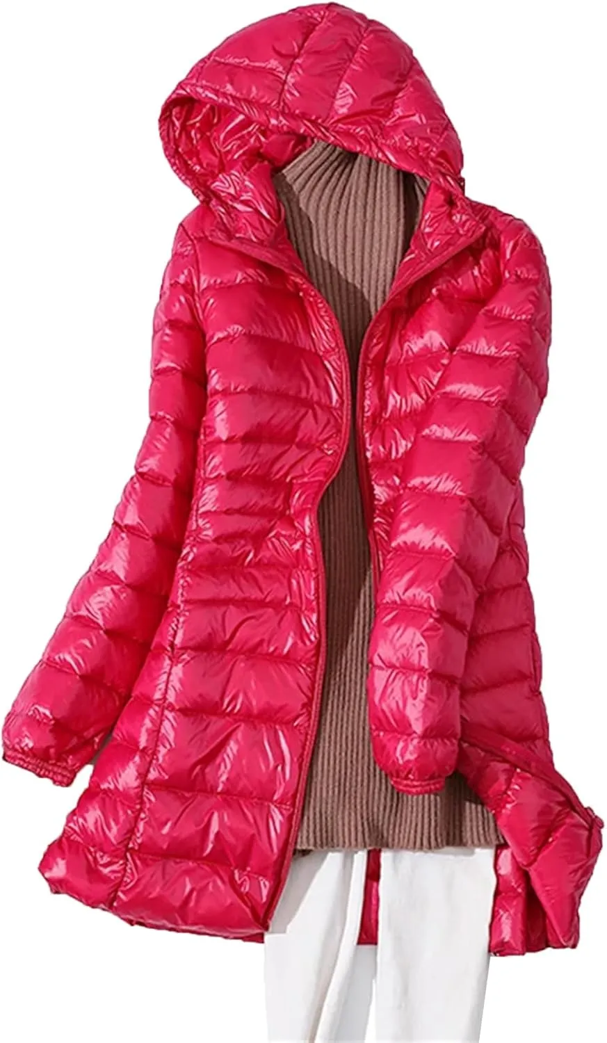 Womens Winter Puffer Coat Light Long Duck Down Jackets Slim Hooded Parkas