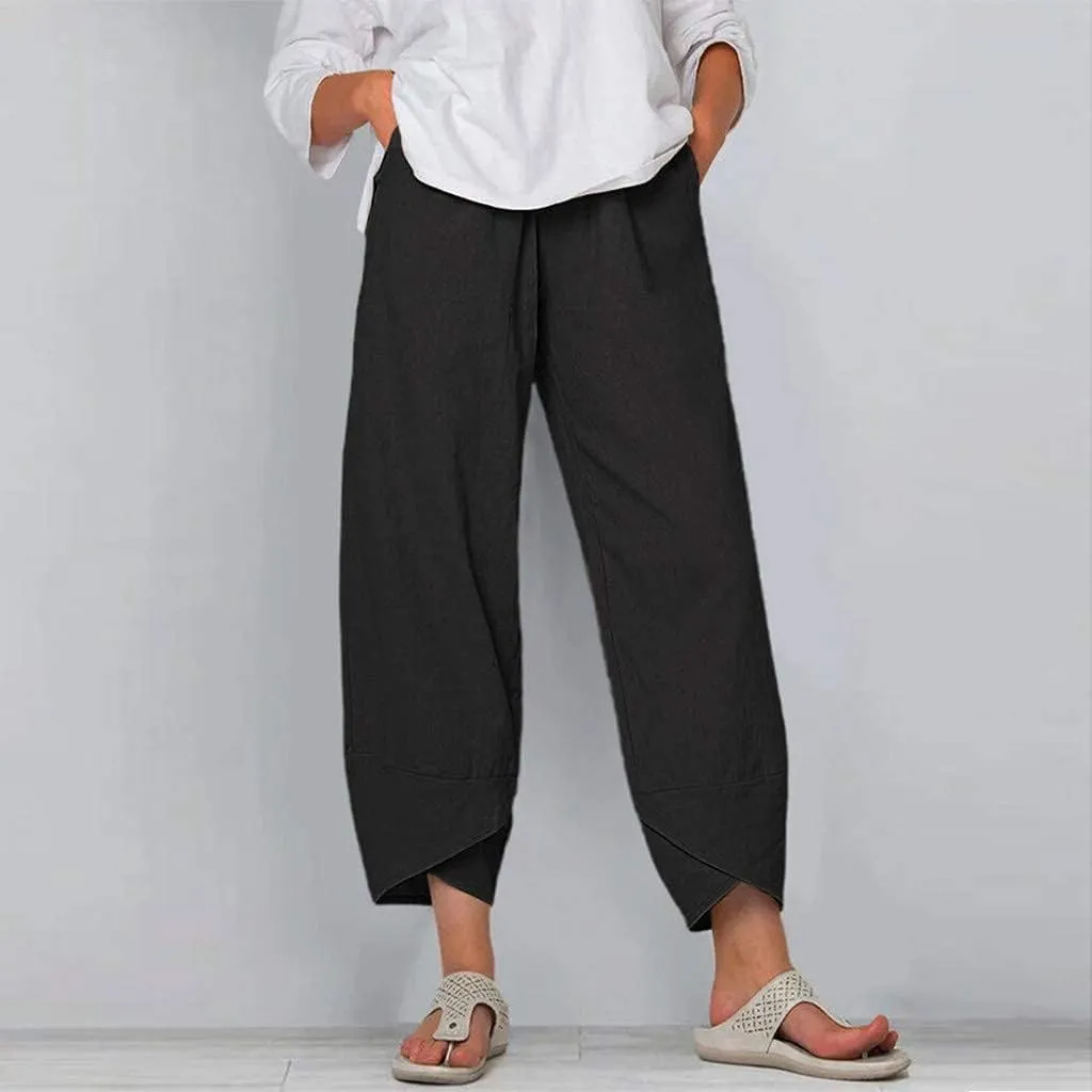 ZOCAVIA Women's Cotton Linen Capri Pants Casual Cropped Baggy Trousers Comfy Loose Palazzo Lounge Pants with Pockets