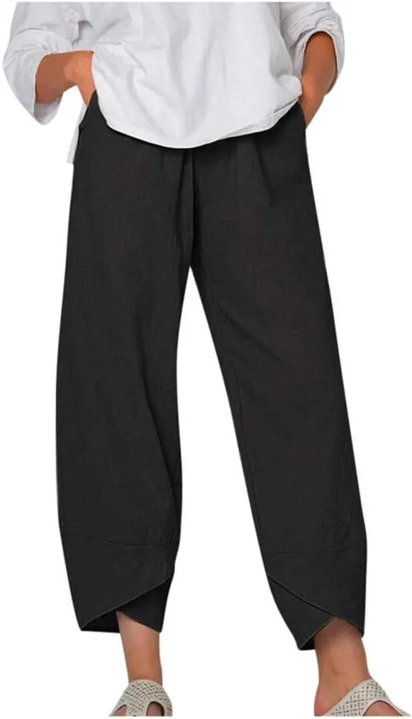 ZOCAVIA Women's Cotton Linen Casual Summer Capri Pants Cropped Comfy Baggy Trousers with Pockets Palazzo Lounge Pants