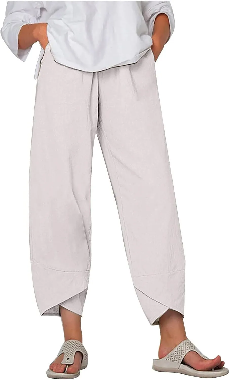ZOCAVIA Women's Cotton Linen Casual Summer Capri Pants Cropped Comfy Baggy Trousers with Pockets Palazzo Lounge Pants